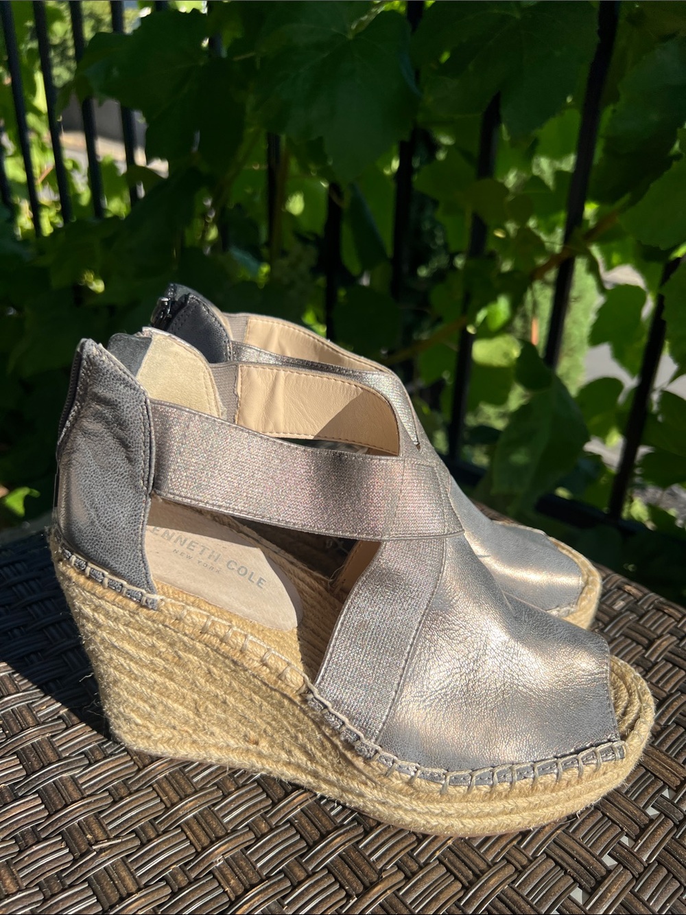 Kenneth Cole Metallic Silver Espadrille Wedge Sandals